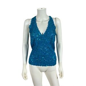 Cache Vintage Blue Stretchy Lace Sequin Top